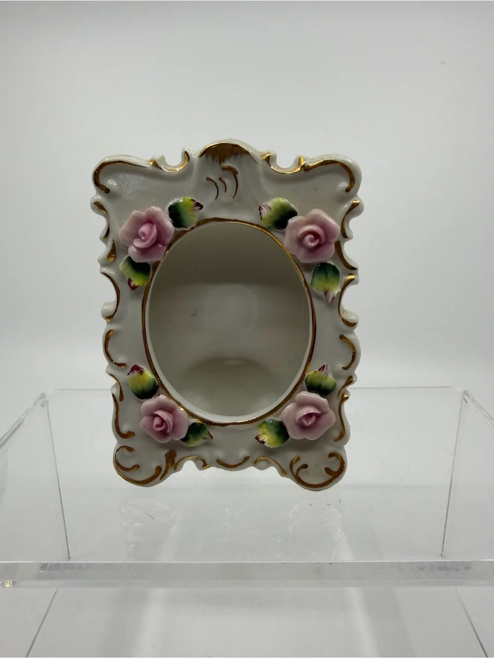 Lefton White Porcelain Frame with Pink Roses and Gold Trim